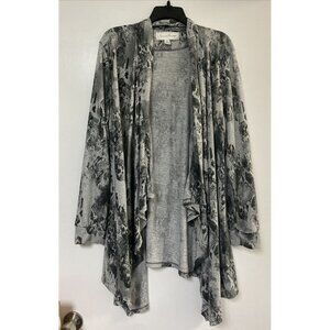 French Laundry Cardigan Gray Drape Open Front Knit Sweater Black Print Sz XL